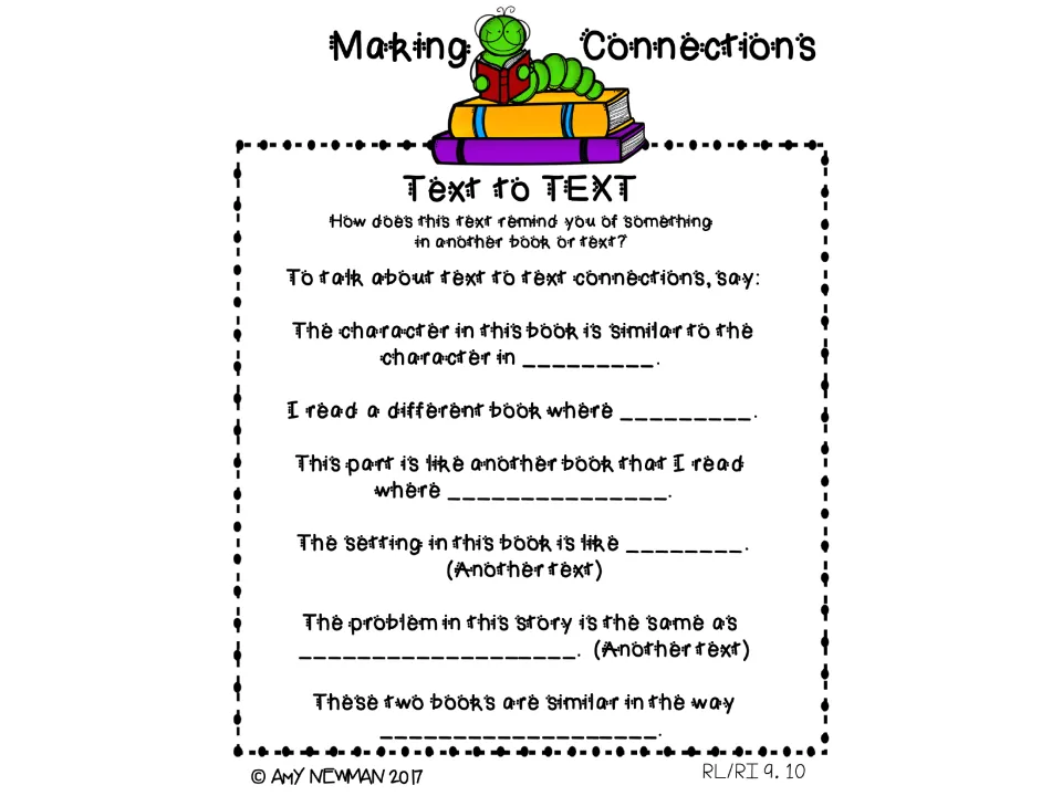 Text-to-text reference chart gives six sentence starters comparing characters, settings, problems, and events