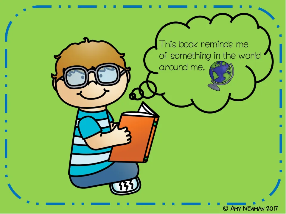 Text-to-world example slide states, “This book reminds me of something in the world around me,” as a reader’s thought