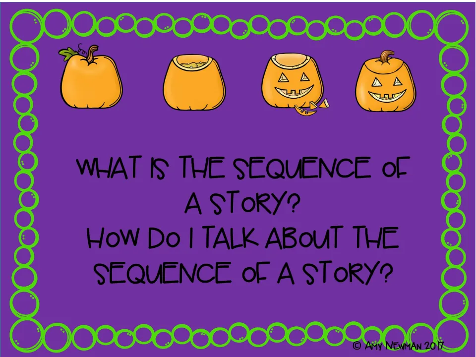 Sequencing lesson questions ask what the sequence of a story is and how to talk about a story's sequence.