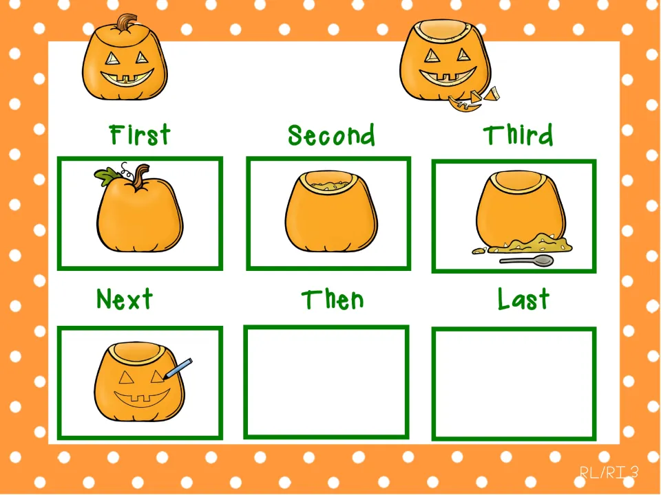 Pumpkin sequencing demonstration adds drawing a face under 'Next,' following the three preparation steps.