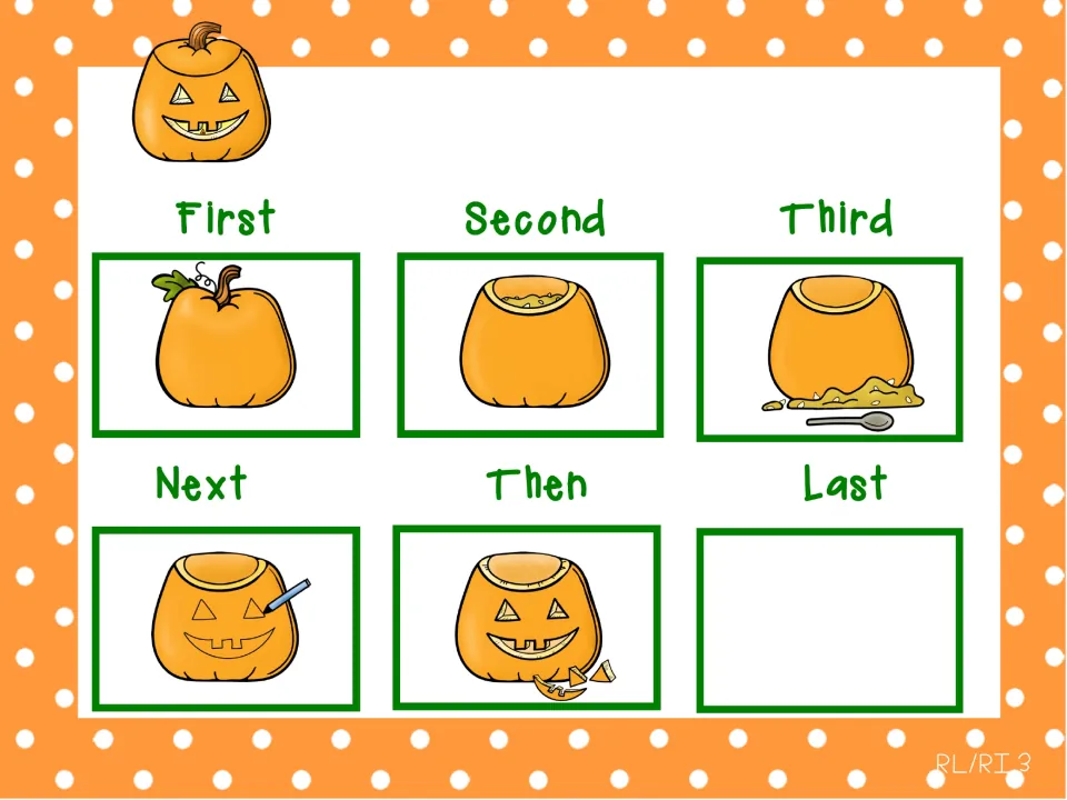 Pumpkin sequencing demonstration adds the carved face and removed pieces under 'Then'; 'Last' remains empty.