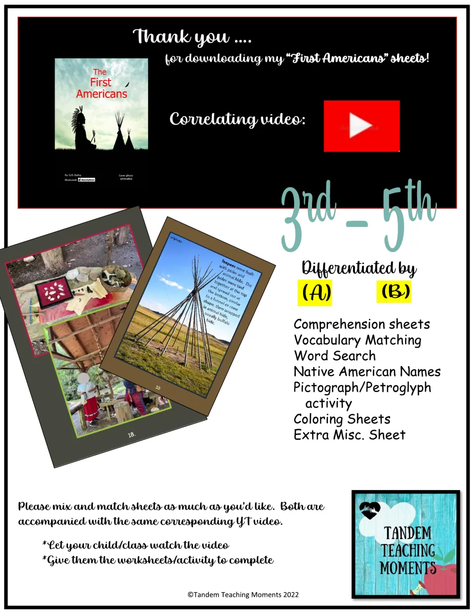 Cover: First Americans sheets in versions A and B, listing comprehension, vocabulary matching, word search and coloring pages