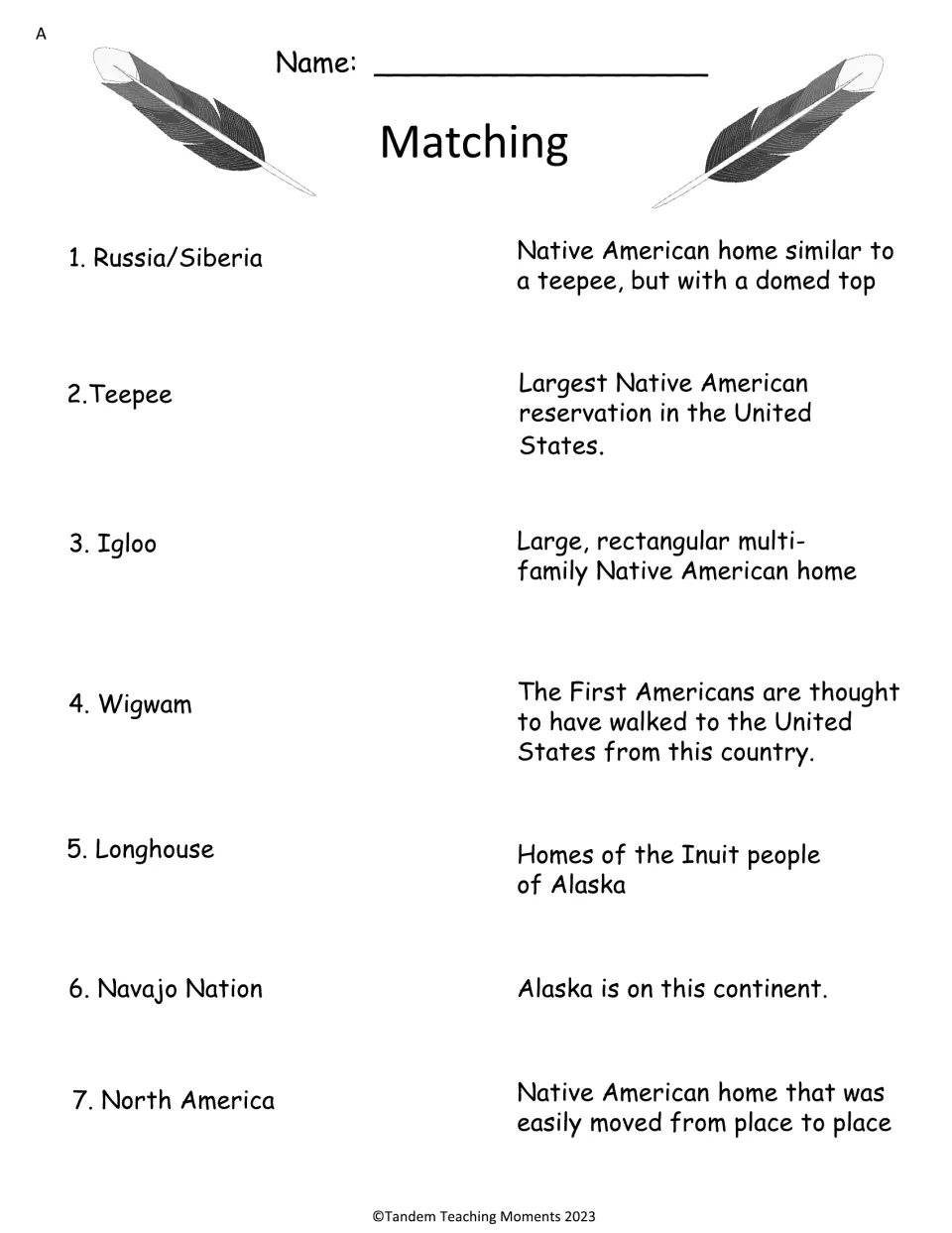 Vocabulary matching A: students draw lines pairing 7 terms like Teepee, Igloo, Longhouse and Navajo Nation to definitions