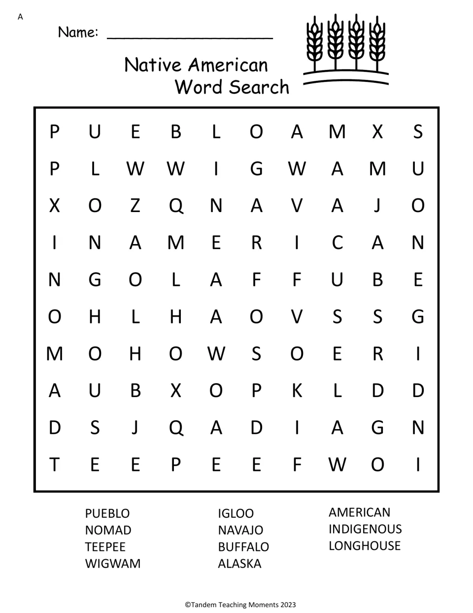 Native American word search: students find 11 words including pueblo, nomad, teepee, wigwam, igloo, buffalo and longhouse