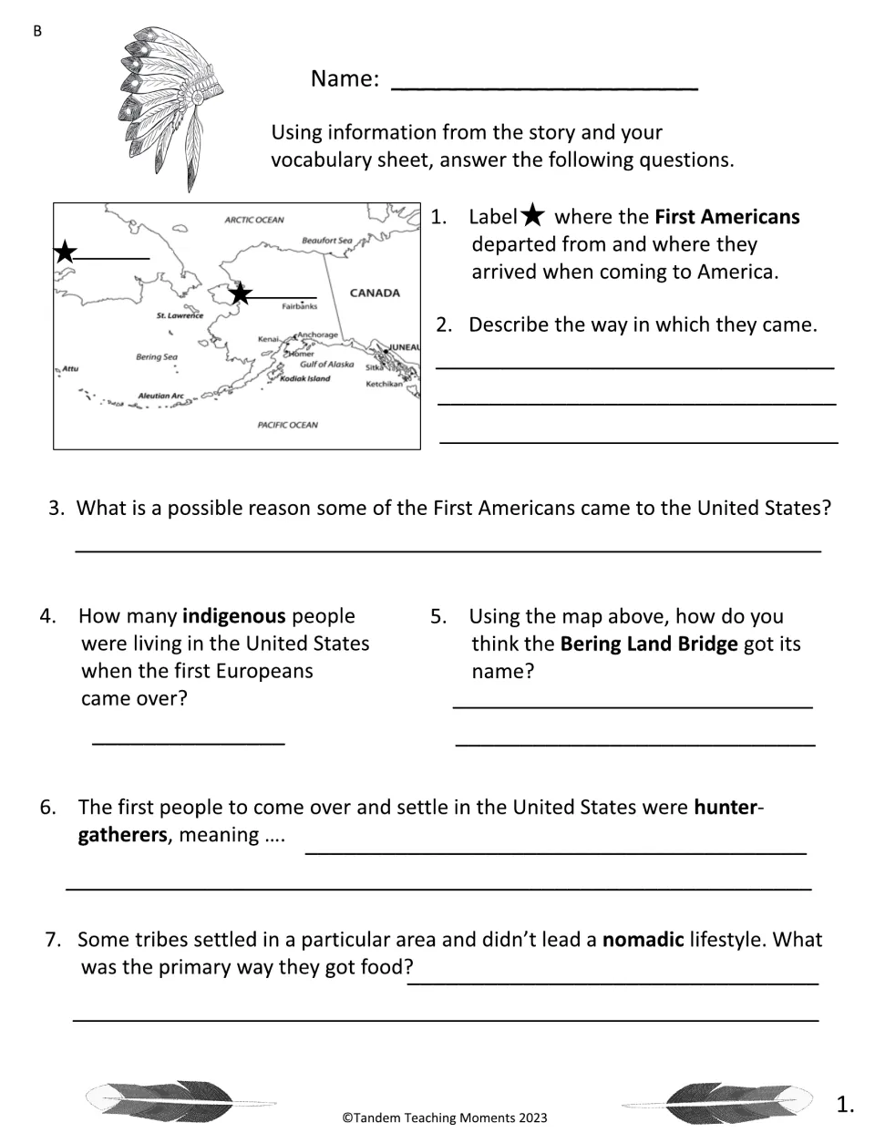 Version B questions 1-7: label a map with stars for the migration route, explain the Bering Land Bridge, hunter-gatherers