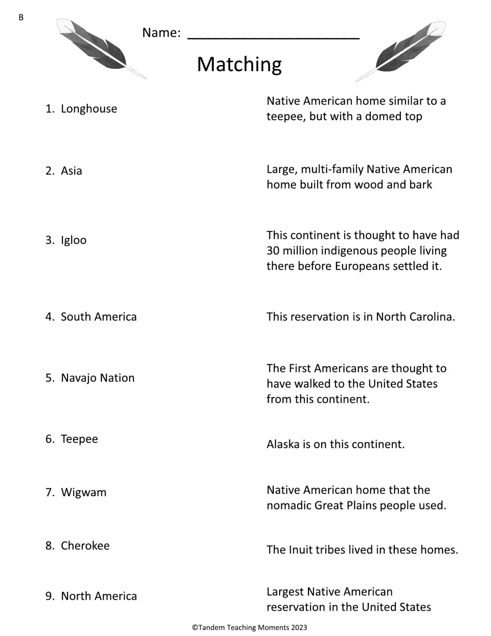 Vocabulary matching B: students pair 9 terms such as Asia, South America, Cherokee and Wigwam with their definitions