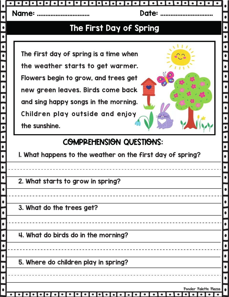 Spring reading passage about warmer weather, flowers, leaves, birds, and outdoor play, with five questions.