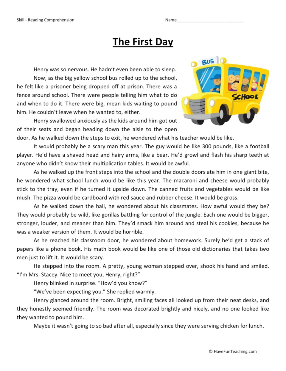 Reading passage The First Day: nervous Henry rides the school bus, imagines a scary teacher, lunch and classmates