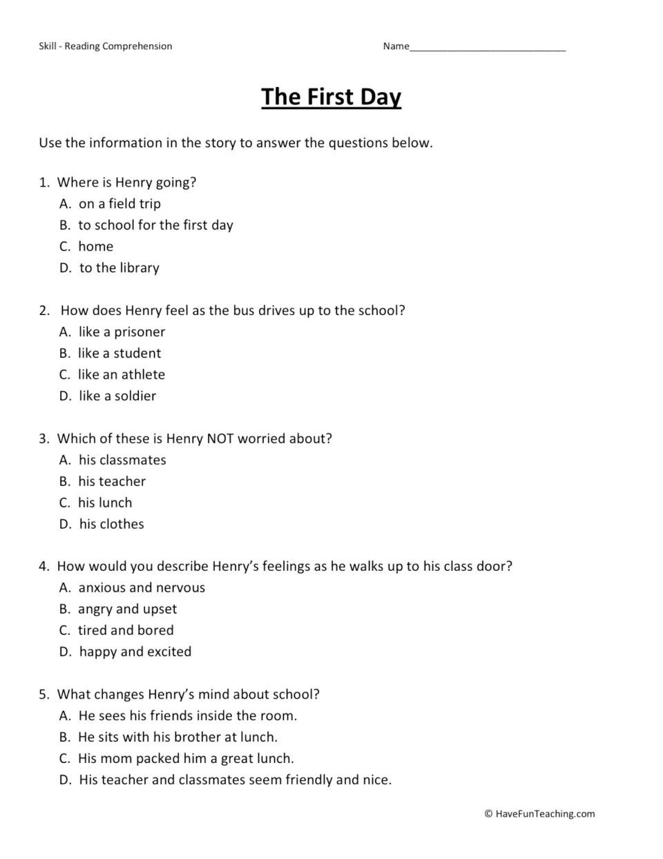 Reading comprehension questions on Henry's first day: students choose A to D for 5 multiple-choice story questions
