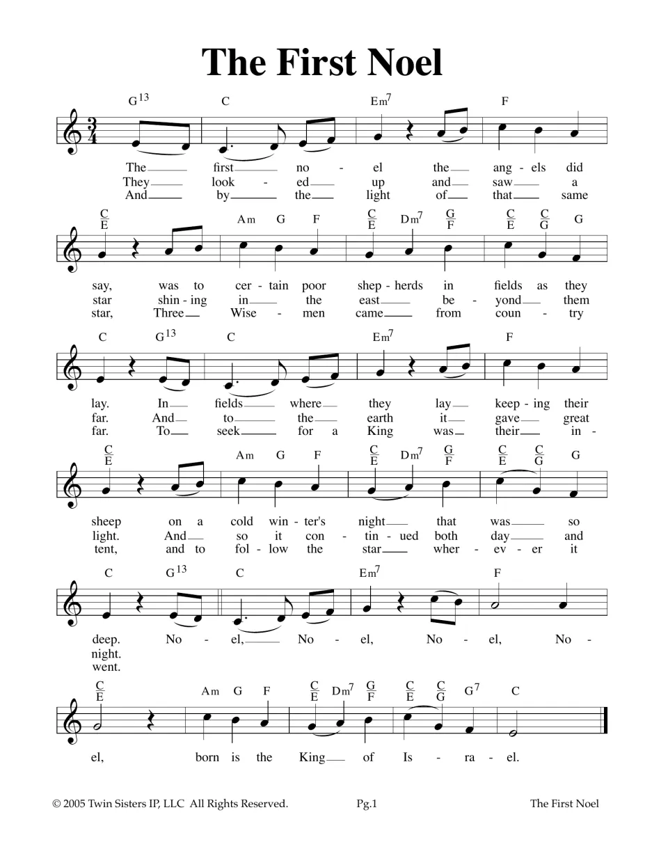 The First Noel melody in 3/4 treble clef with chord symbols and three verses of lyrics, ending in the Noel refrain