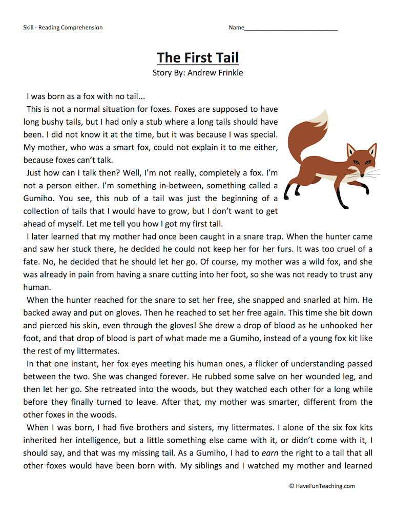 The First Tail Reading Comprehension Worksheet teaching resource preview