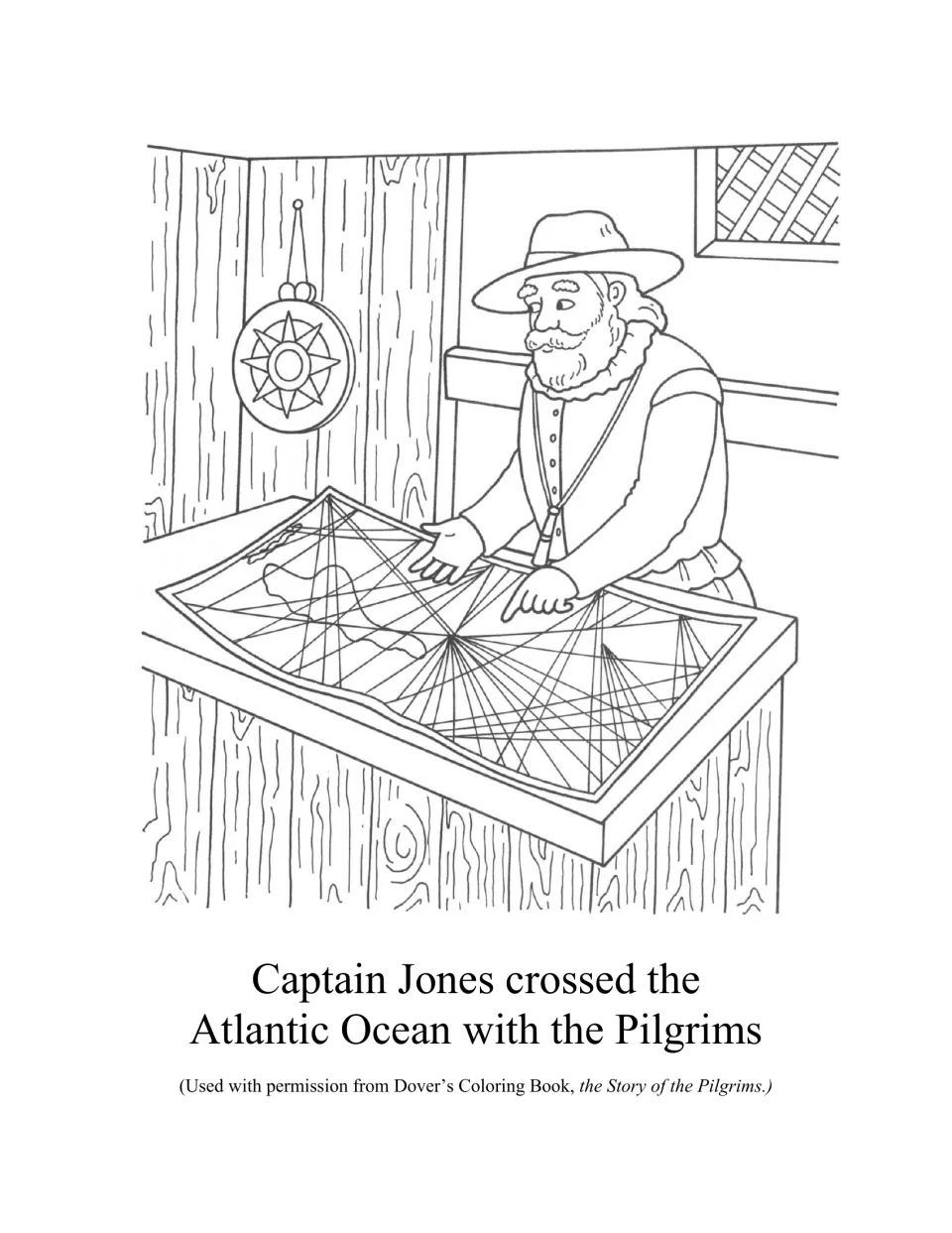 Captain Jones at a chart table studying a sea map beside a hanging compass, a coloring scene of the ship's navigation