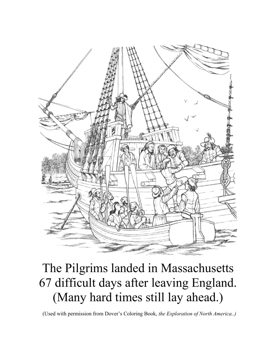 Pilgrims climbing into a rowboat from their ship to land in Massachusetts, captioned 67 difficult days after leaving England