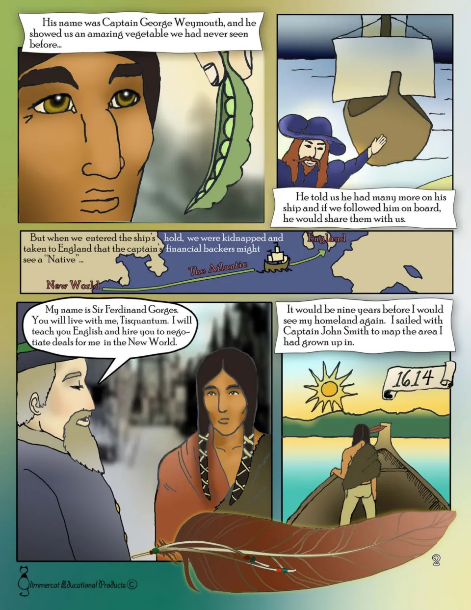Graphic novel page 2: Tisquantum recounts his kidnapping, life in England, and return home in 1614