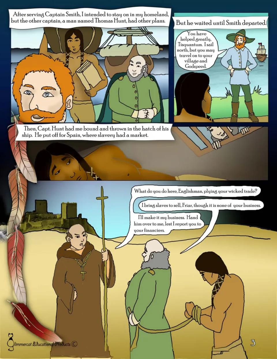 Graphic novel page 3: Thomas Hunt captures Tisquantum and takes him to Spain, where a friar intervenes