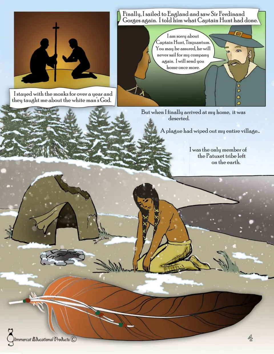 Graphic novel page 4: Tisquantum stays with monks, returns through England, and finds his village deserted