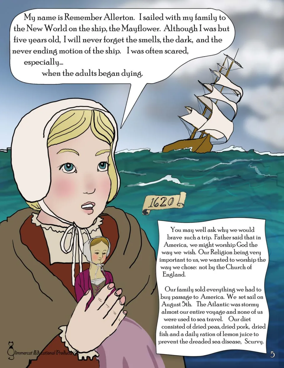 Graphic novel page 5: Remember Allerton introduces her family's Mayflower voyage and reasons for leaving