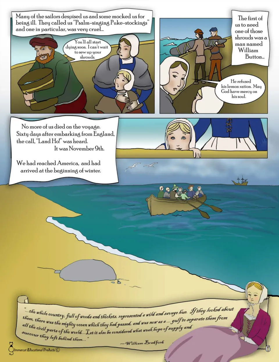 Graphic novel page 6: Remember recounts sailors' mockery, William Button's death, and the sighting of land