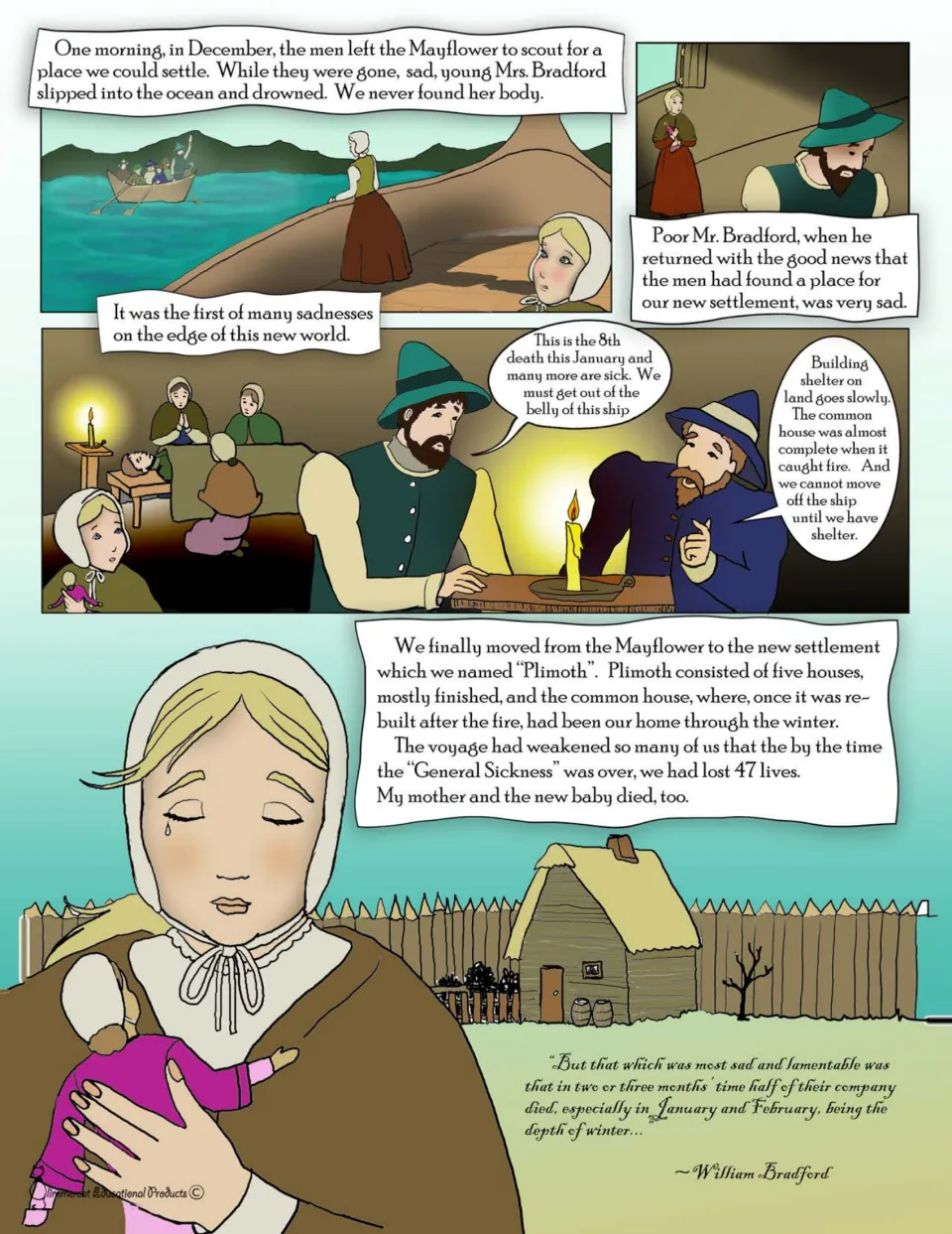 Graphic novel page 7: Remember describes Mrs. Bradford's drowning, winter deaths, and settling in Plimoth