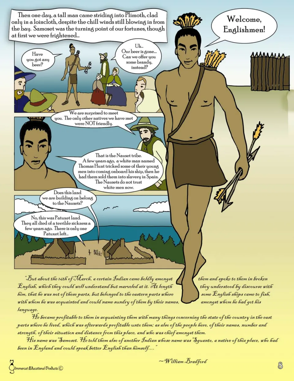 Graphic novel page 8: Samoset greets the settlers in English and explains Nauset distrust and Patuxet loss