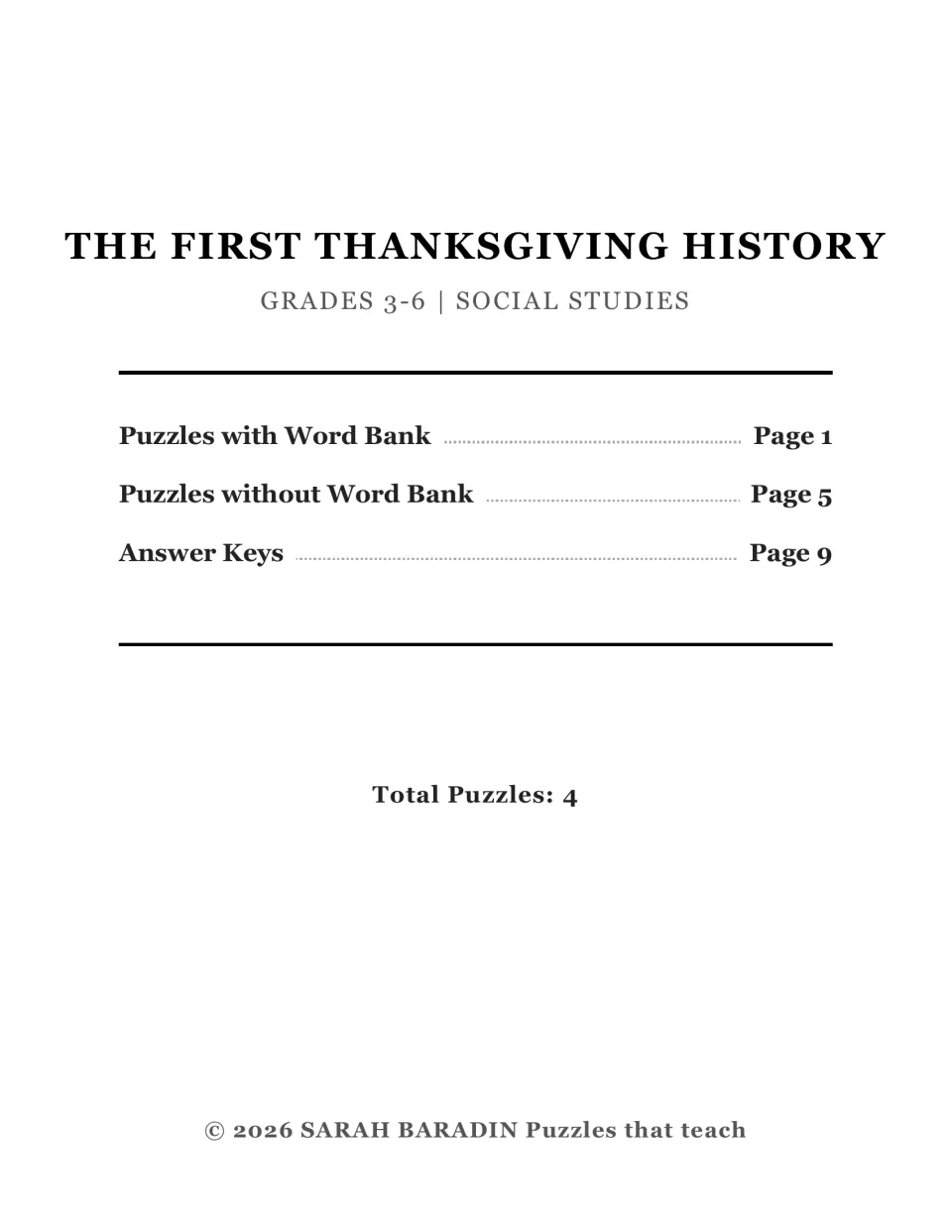 Thanksgiving history crossword cover for grades 3–6, listing word-bank versions, no-bank versions, and keys