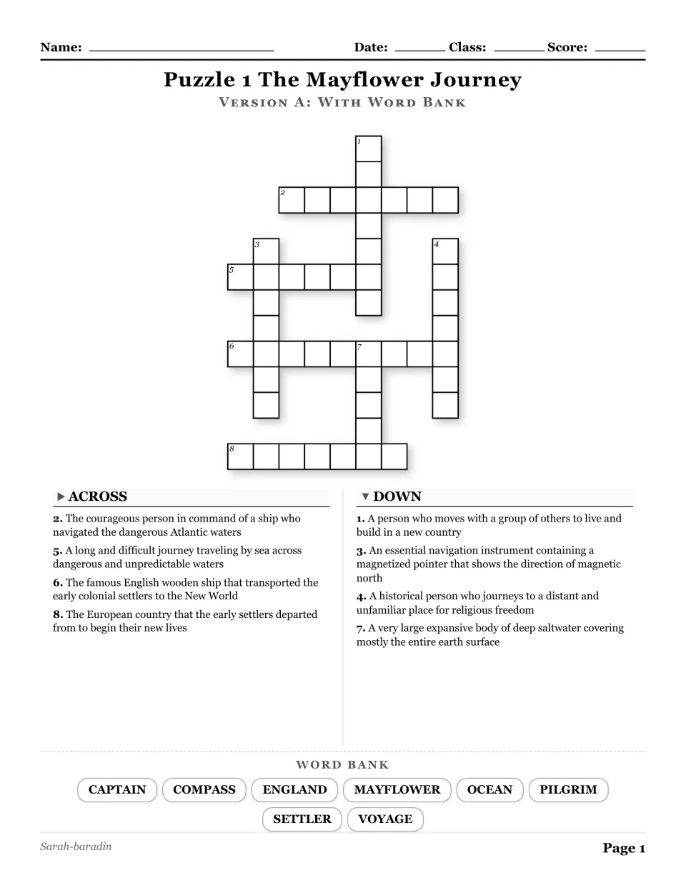 The Mayflower Journey crossword, puzzle 1, with eight word-bank terms including captain, compass, and voyage
