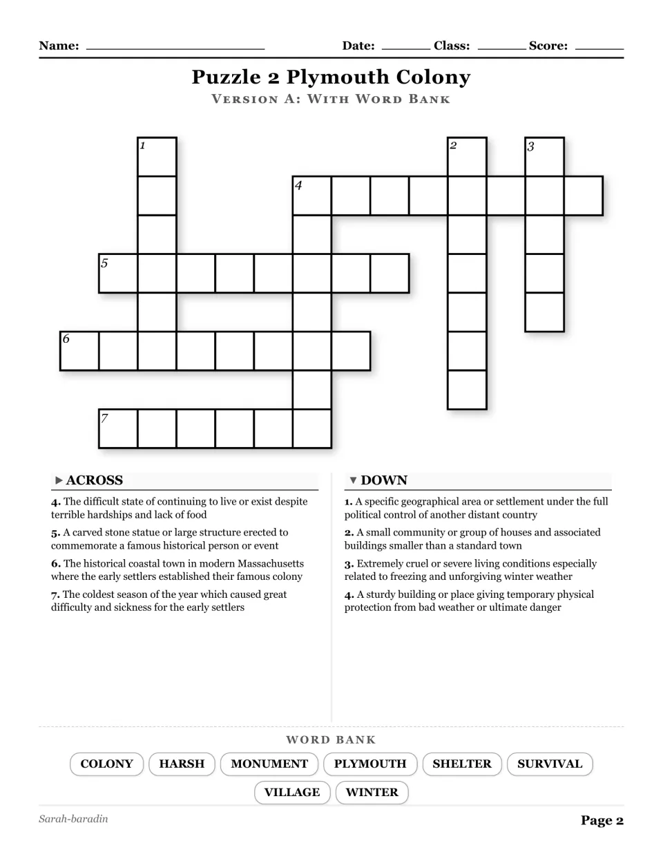 Plymouth Colony crossword, puzzle 2, with eight word-bank terms including colony, shelter, survival, and winter