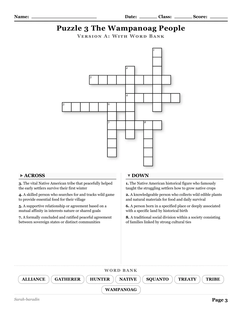 The Wampanoag People crossword, puzzle 3, with eight word-bank terms including alliance, Squanto, and treaty