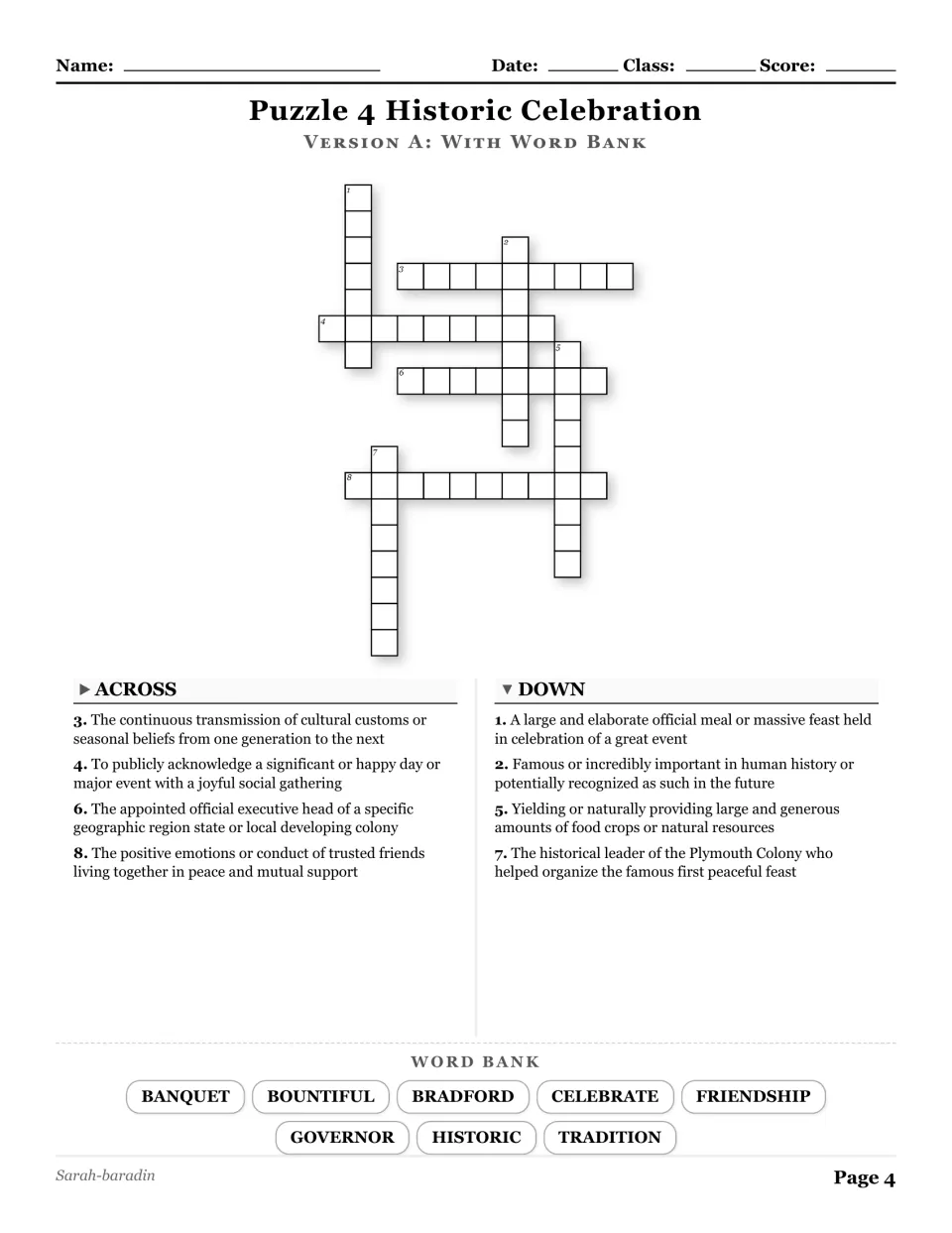 Historic Celebration crossword, puzzle 4, with eight word-bank terms including banquet, Bradford, and tradition