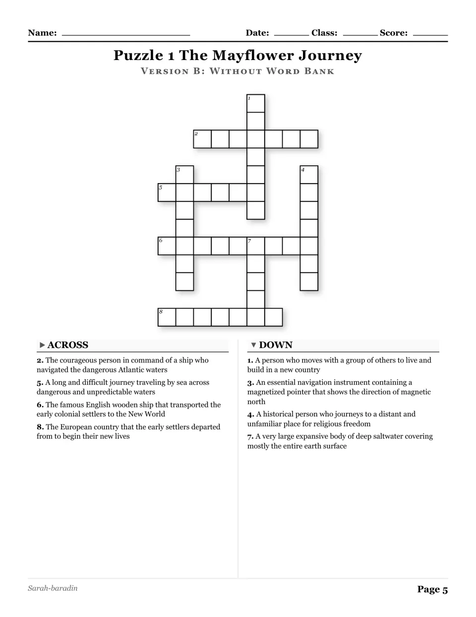 The Mayflower Journey crossword, puzzle 1, without a word bank, with eight clues about ships and sea travel