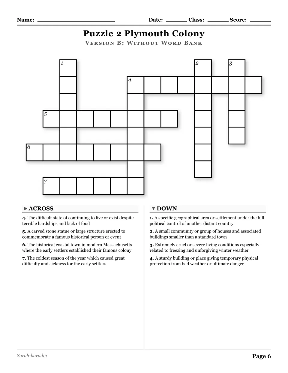 Plymouth Colony crossword, puzzle 2, without a word bank, with eight clues about settlement and survival