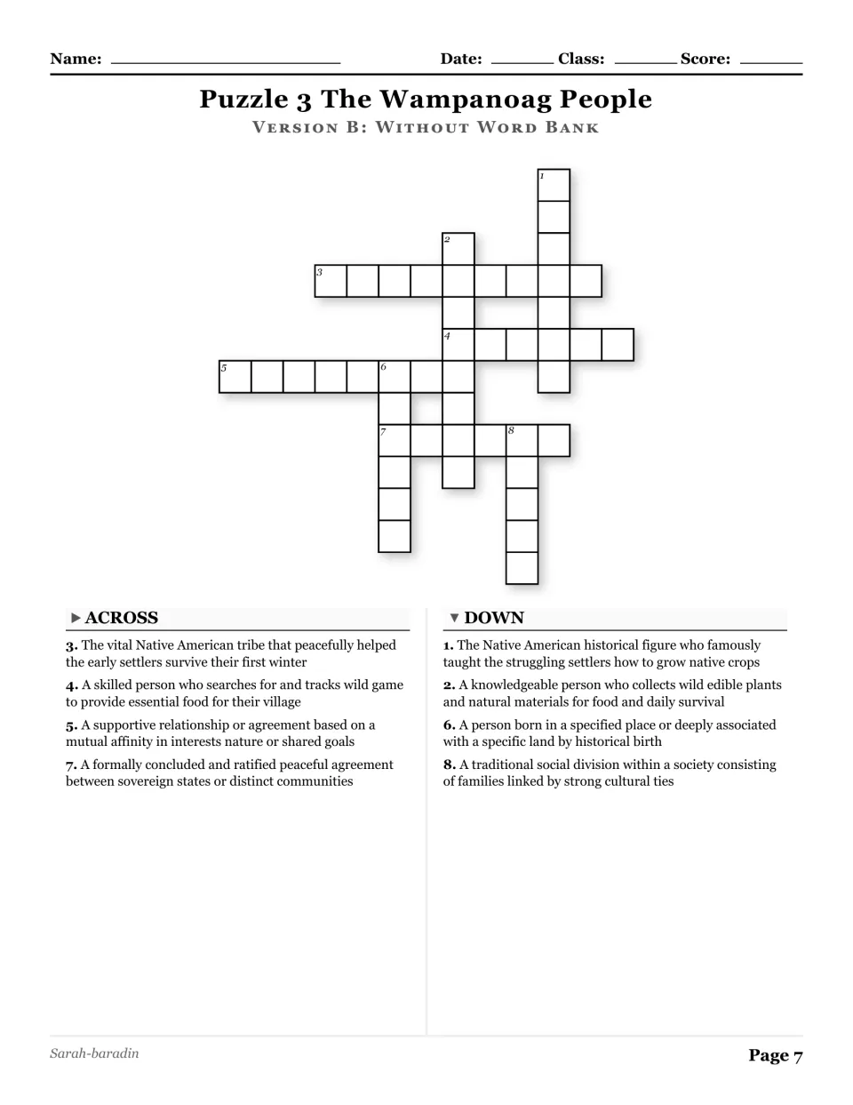 The Wampanoag People crossword, puzzle 3, without a word bank, with eight clues about people and agreements