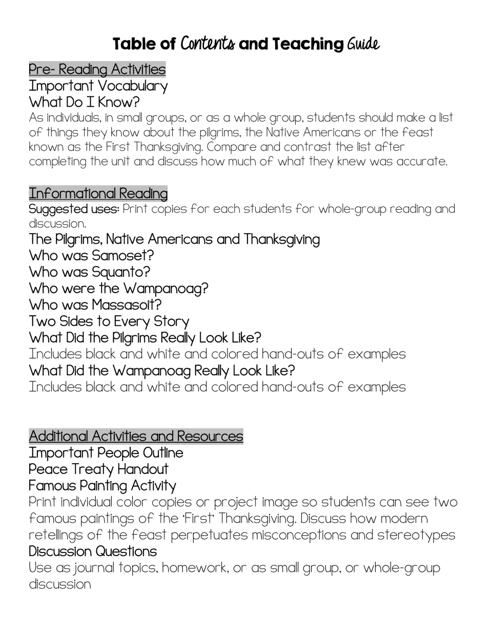 Teaching guide listing pre-reading, informational readings on Samoset, Squanto and Massasoit, and extra activities