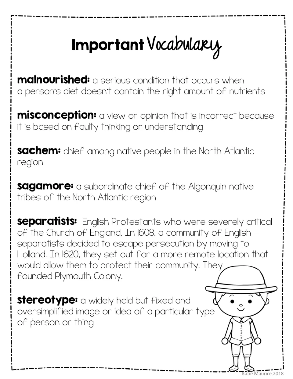 Key vocabulary: students study definitions of malnourished, misconception, sachem, sagamore, separatists and stereotype