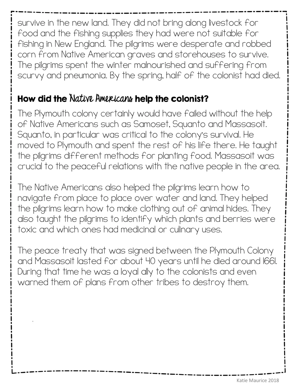Reading on the colonists' hard first winter and how Samoset, Squanto and Massasoit helped, plus the 40-year peace treaty