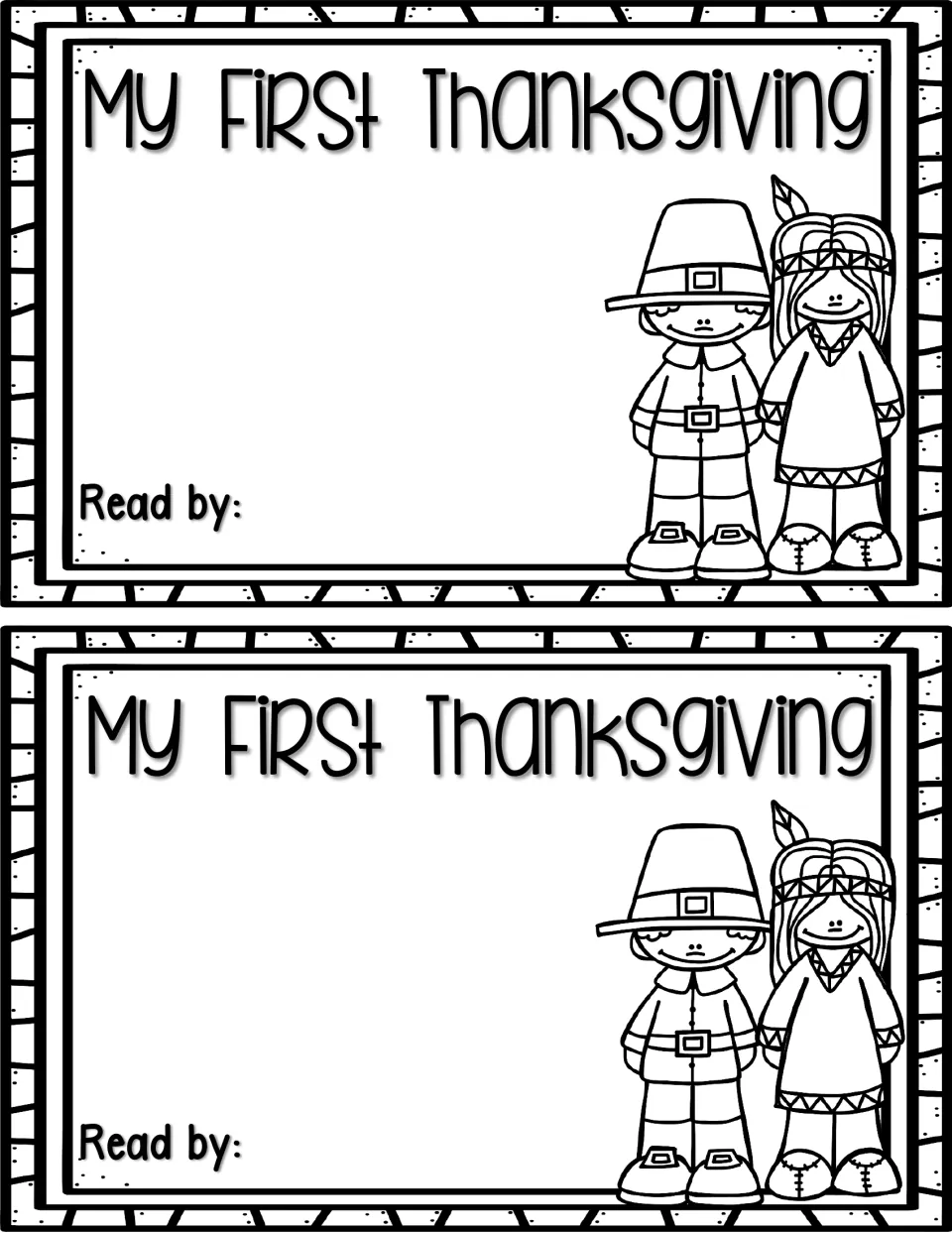 Blank reader cover titled 'My First Thanksgiving,' printed twice, with a 'Read by:' space for each copy
