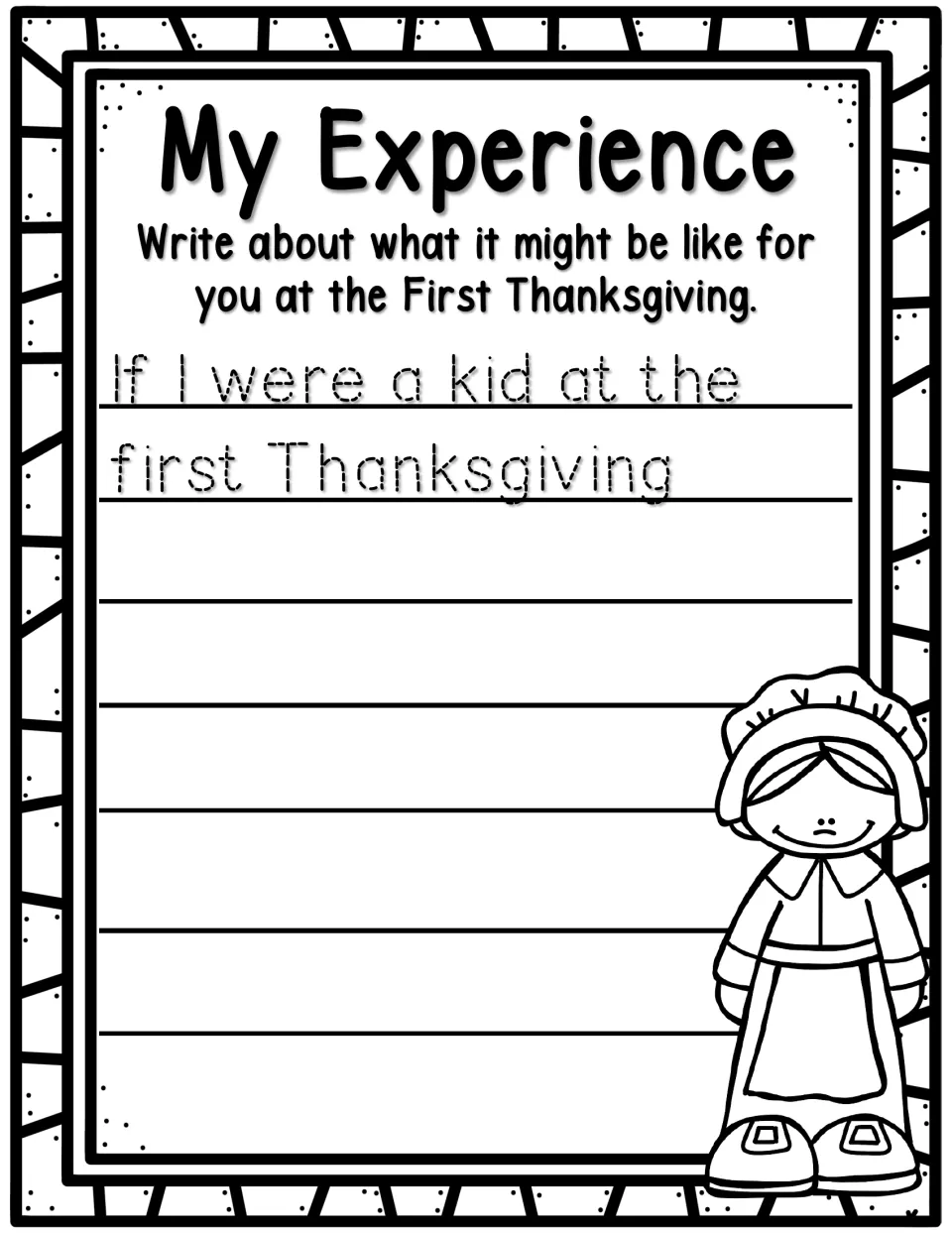 'My Experience' writing prompt asks students to imagine being a kid at the first Thanksgiving