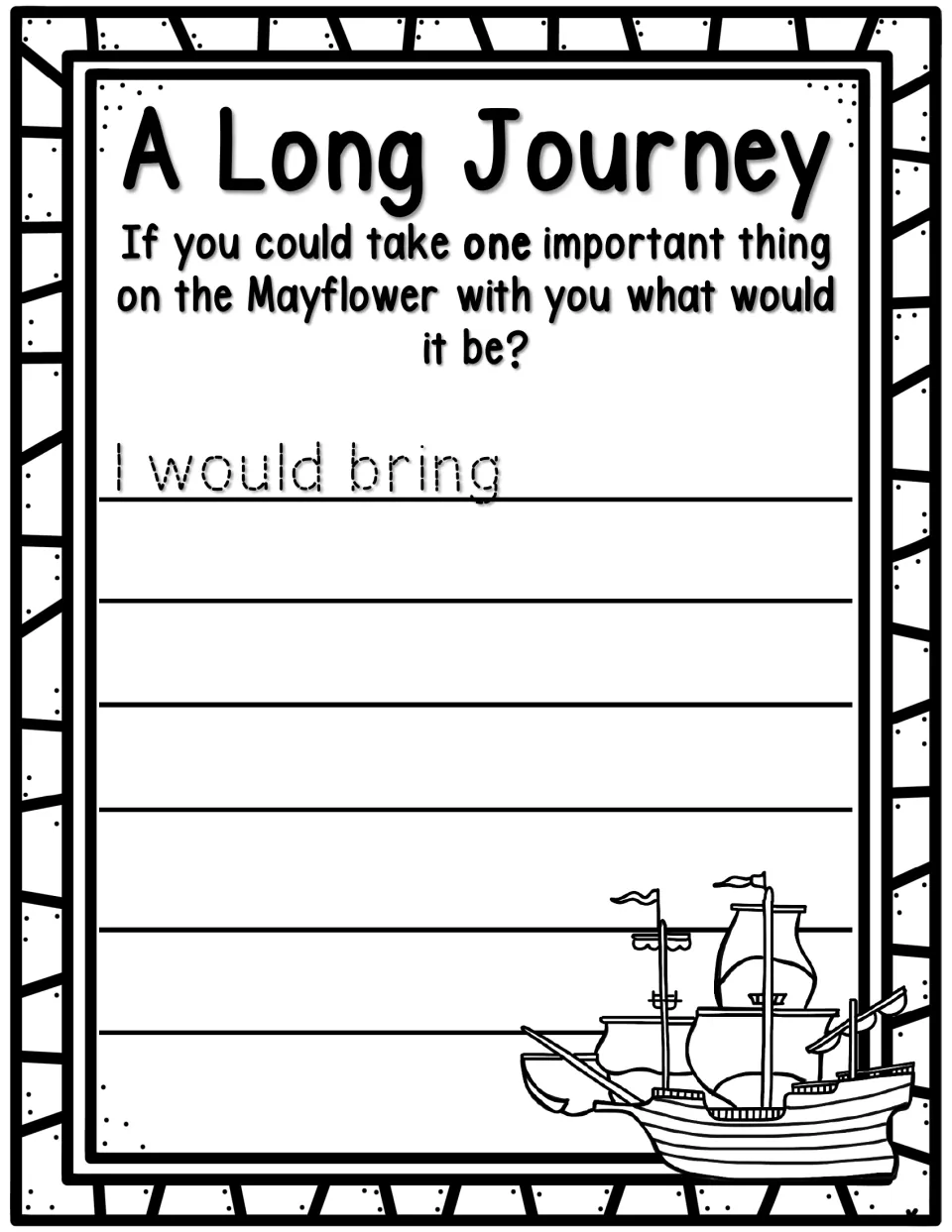 'A Long Journey' writing prompt asks what one important thing students would bring on the Mayflower
