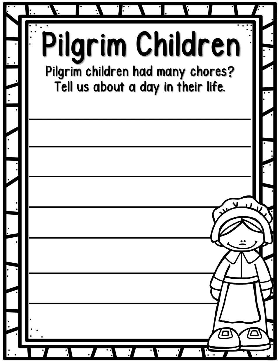 'Pilgrim Children' writing prompt mentions children's chores and asks students to describe a day in their life