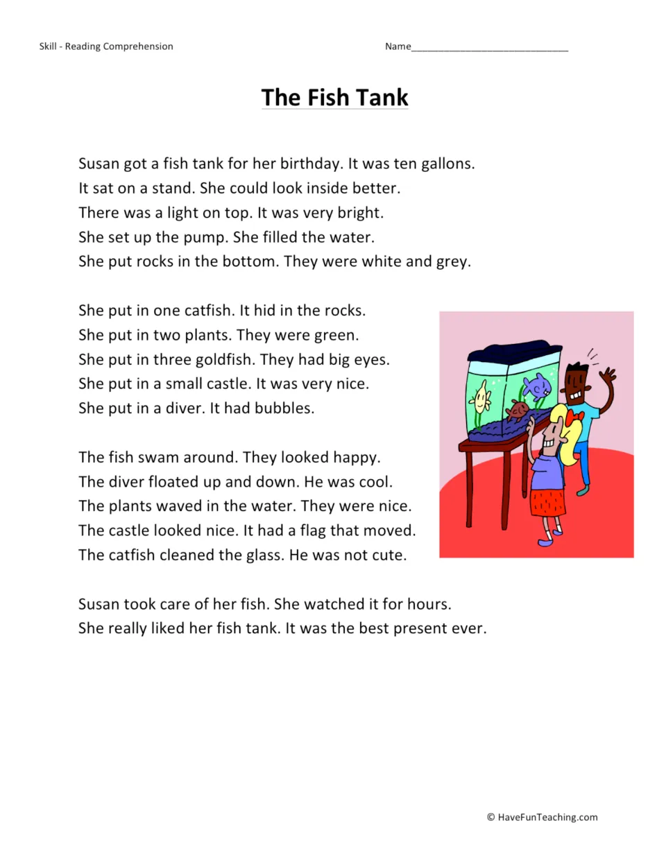 Reading passage about Susan's birthday fish tank, its catfish and goldfish, and how she cares for her fish.