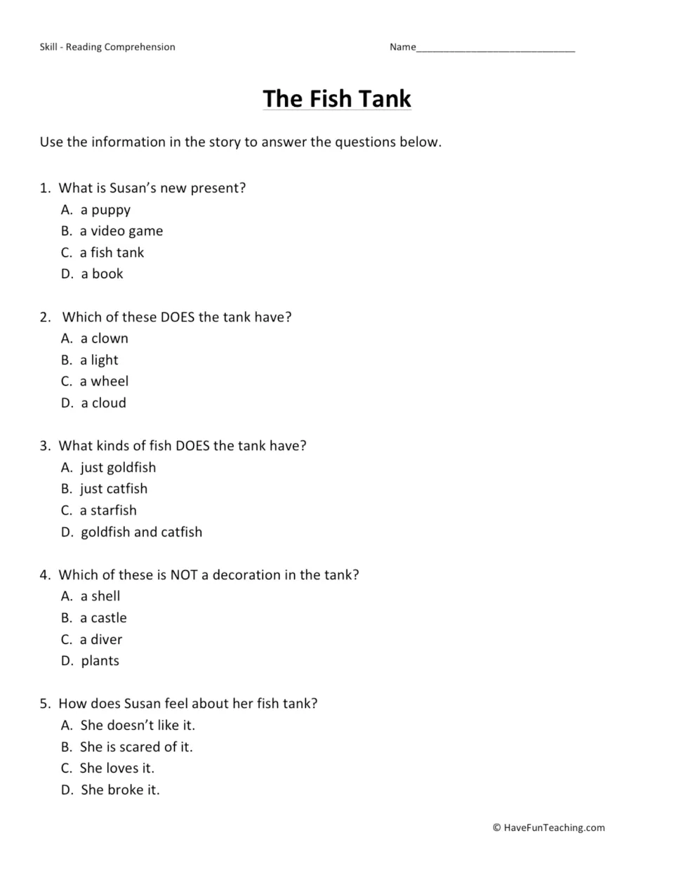 Five multiple-choice questions about Susan's present, the tank's light, fish, decorations, and her feelings.