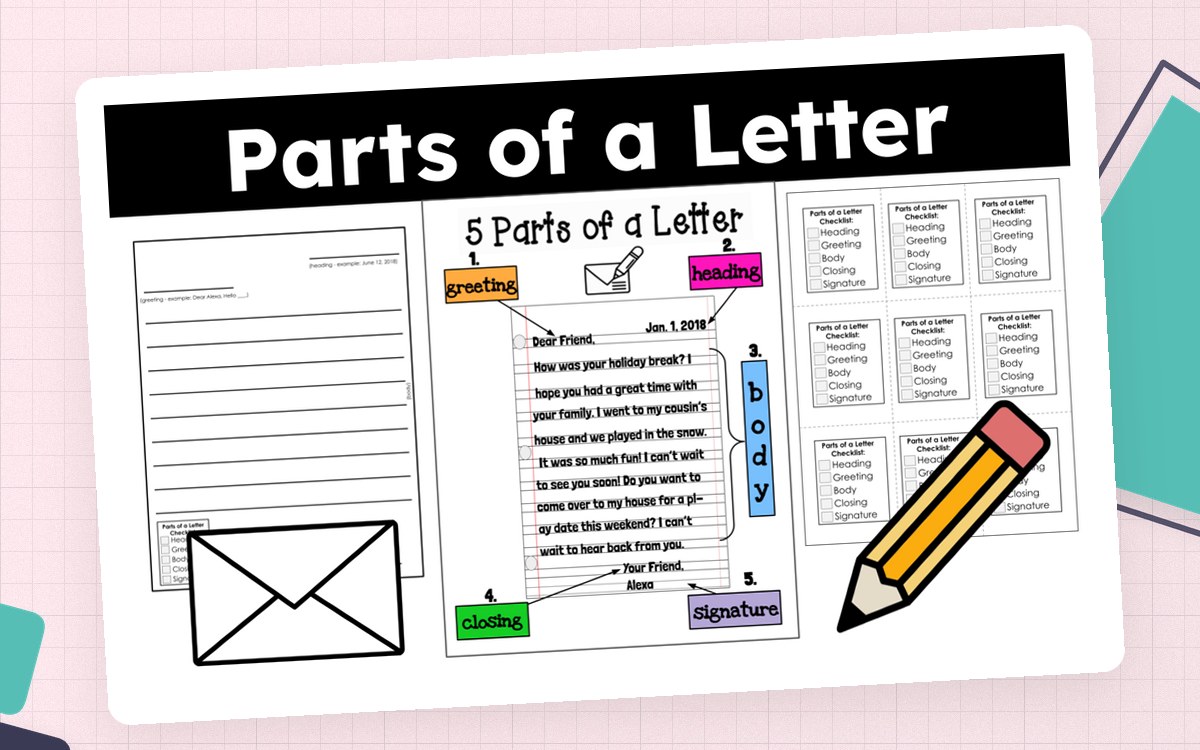 Parts of a Letter resource cover with labeled heading, greeting, body, closing, and signature examples.