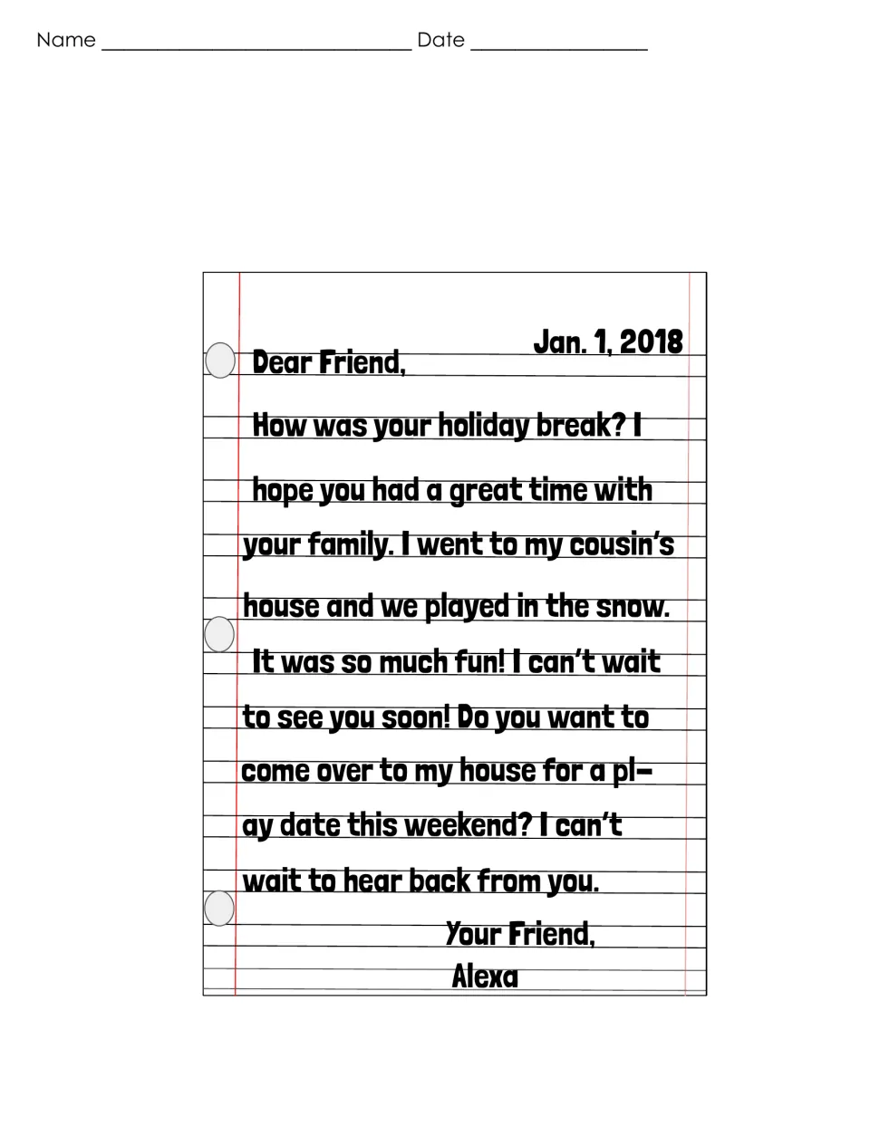 Sample friendly letter from Alexa dated Jan. 1, 2018, telling a friend about playing in the snow at a cousin's house