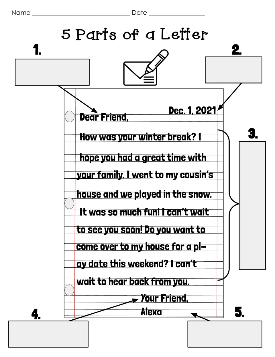 Labeling letter parts: students write the name of each of the 5 numbered parts in blank boxes around Alexa's letter