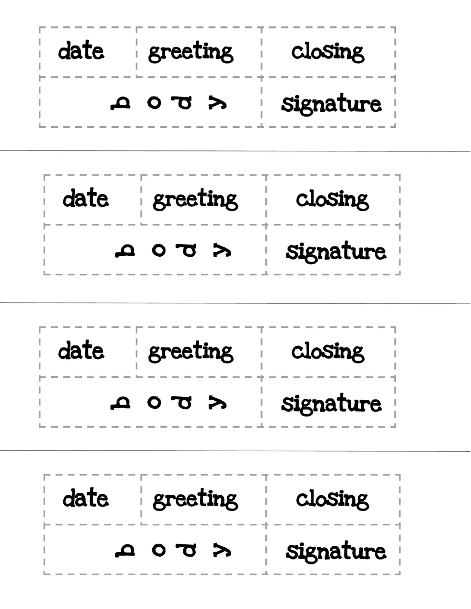 Cut-out label strips reading date, greeting, closing, body and signature, four identical sets to cut apart