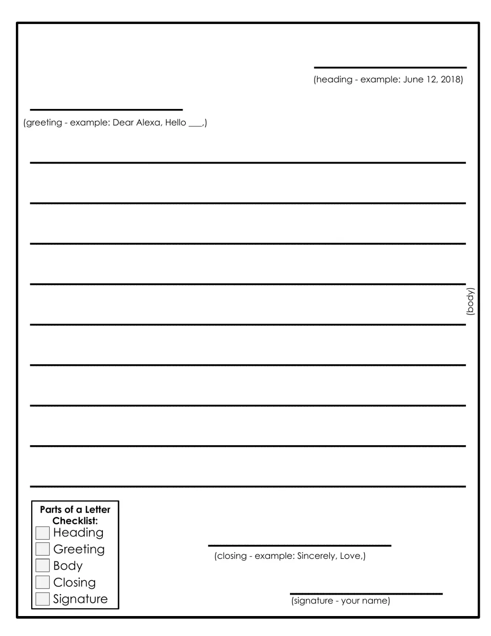 Guided letter template: students write a letter using example prompts for heading, greeting, closing and signature