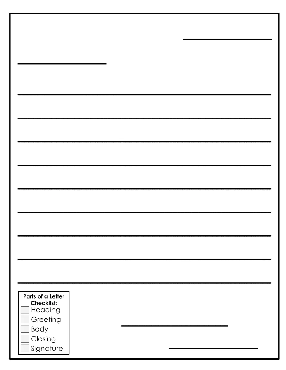 Blank letter-writing page: students write their own letter and tick off the five parts on the checklist