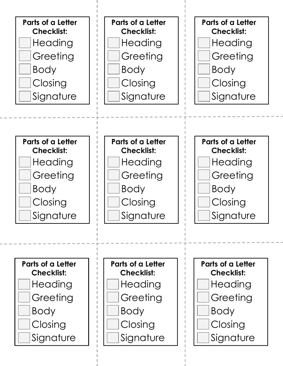Letter-part checklist cards: nine copies listing heading, greeting, body, closing and signature for students to cut apart