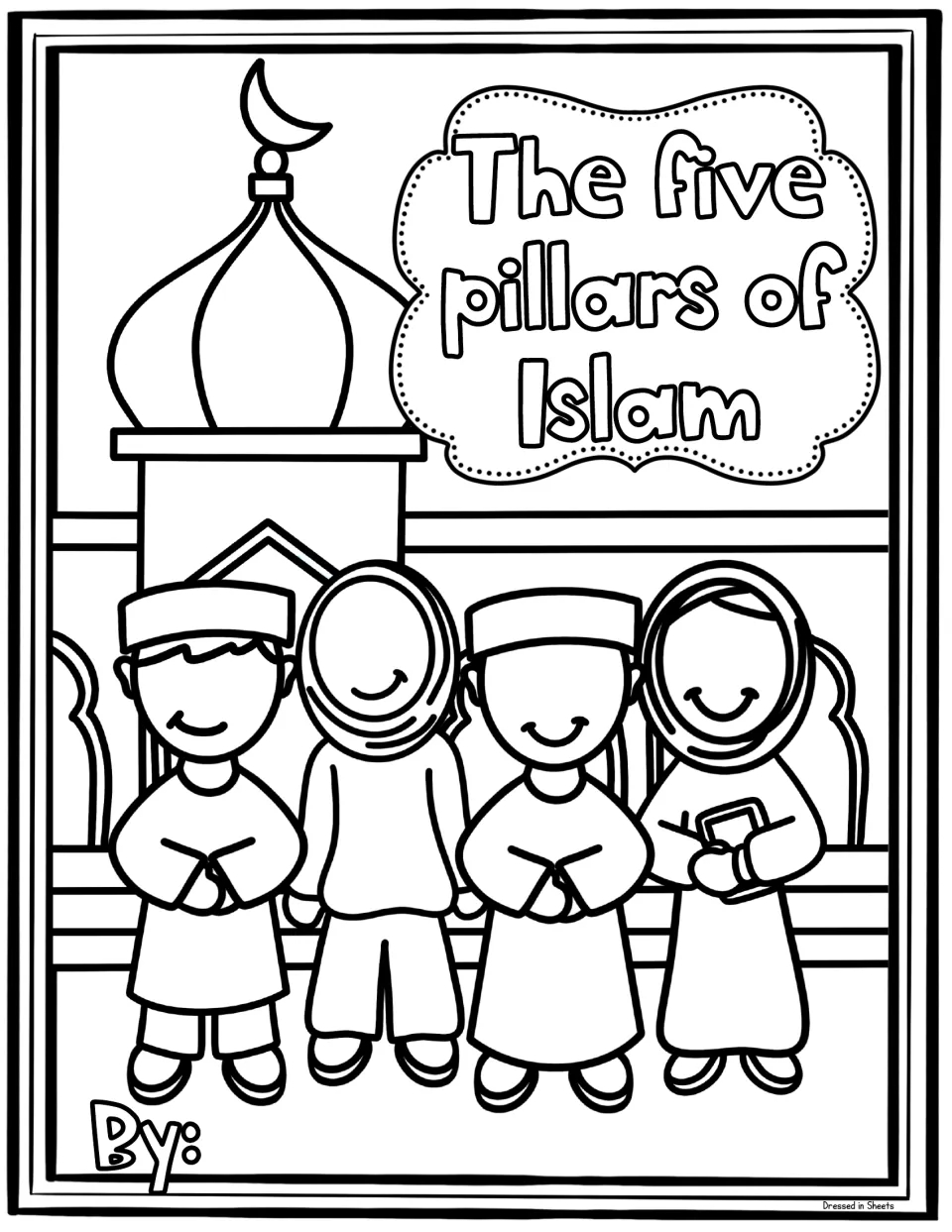 Booklet cover: four children stand outside a mosque under the title, with a By: line for the student to write a name