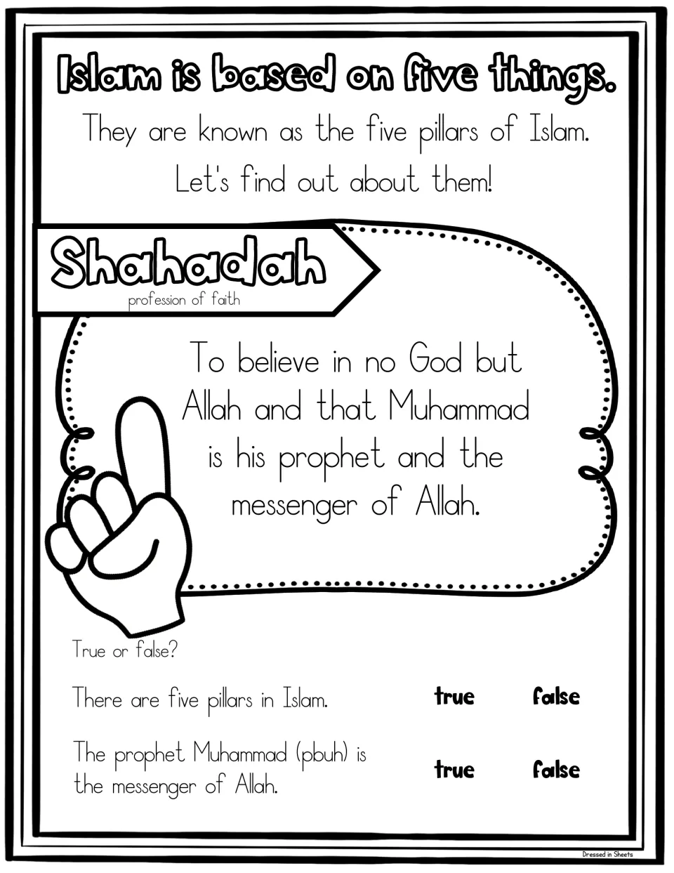 Shahadah, the profession of faith: students read that Islam rests on five things, then answer two true or false statements